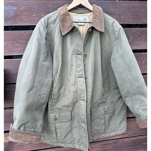 L.L. Bean Vintage Barn Coat Jacket Womens XL Petite Olive Green Corduroy Collar